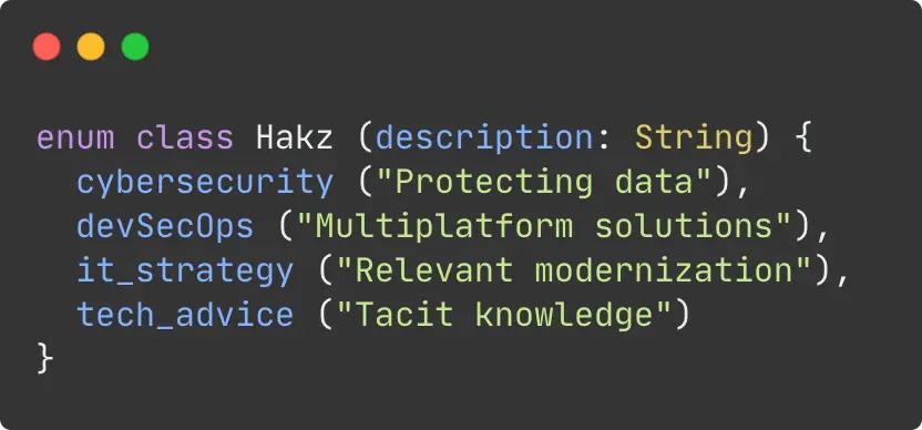 a macOS window showing Kotlin code that describes what haks does